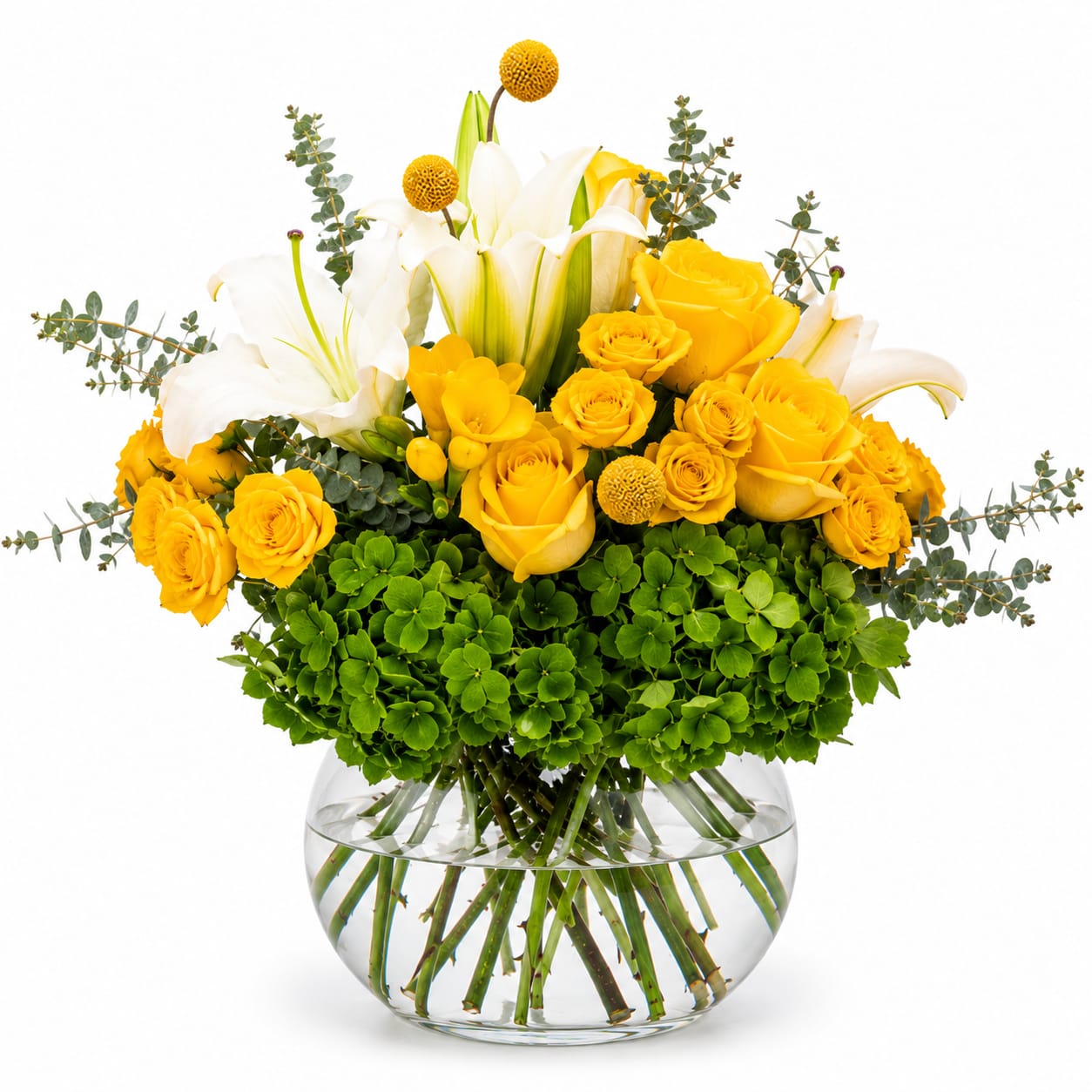 Sunlit Harmony - This arrangement features a luxury silver vase filled with white lilies and yellow roses with eucalyptus and hydrangea. A perfect for a 25th silver anniversary (or any anniversary really) or celebrating something special like graduation.