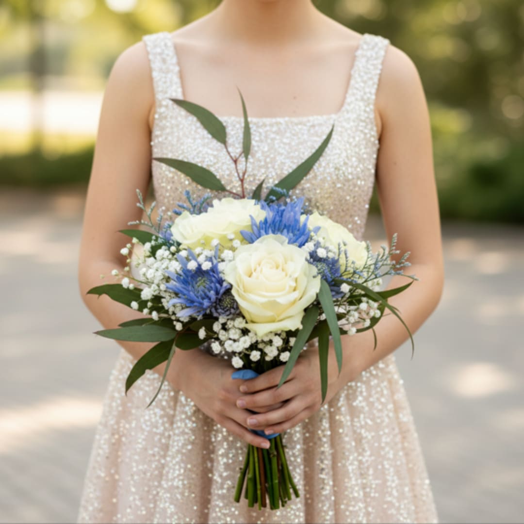 Woman holding a bouquet of white roses and blue flowers