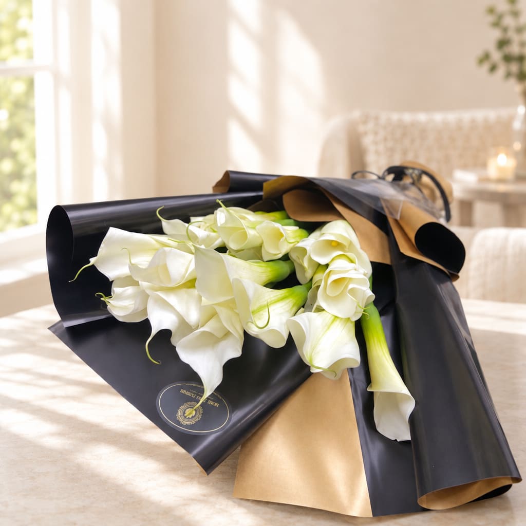 Bouquet of white calla lilies wrapped in black and gold paper