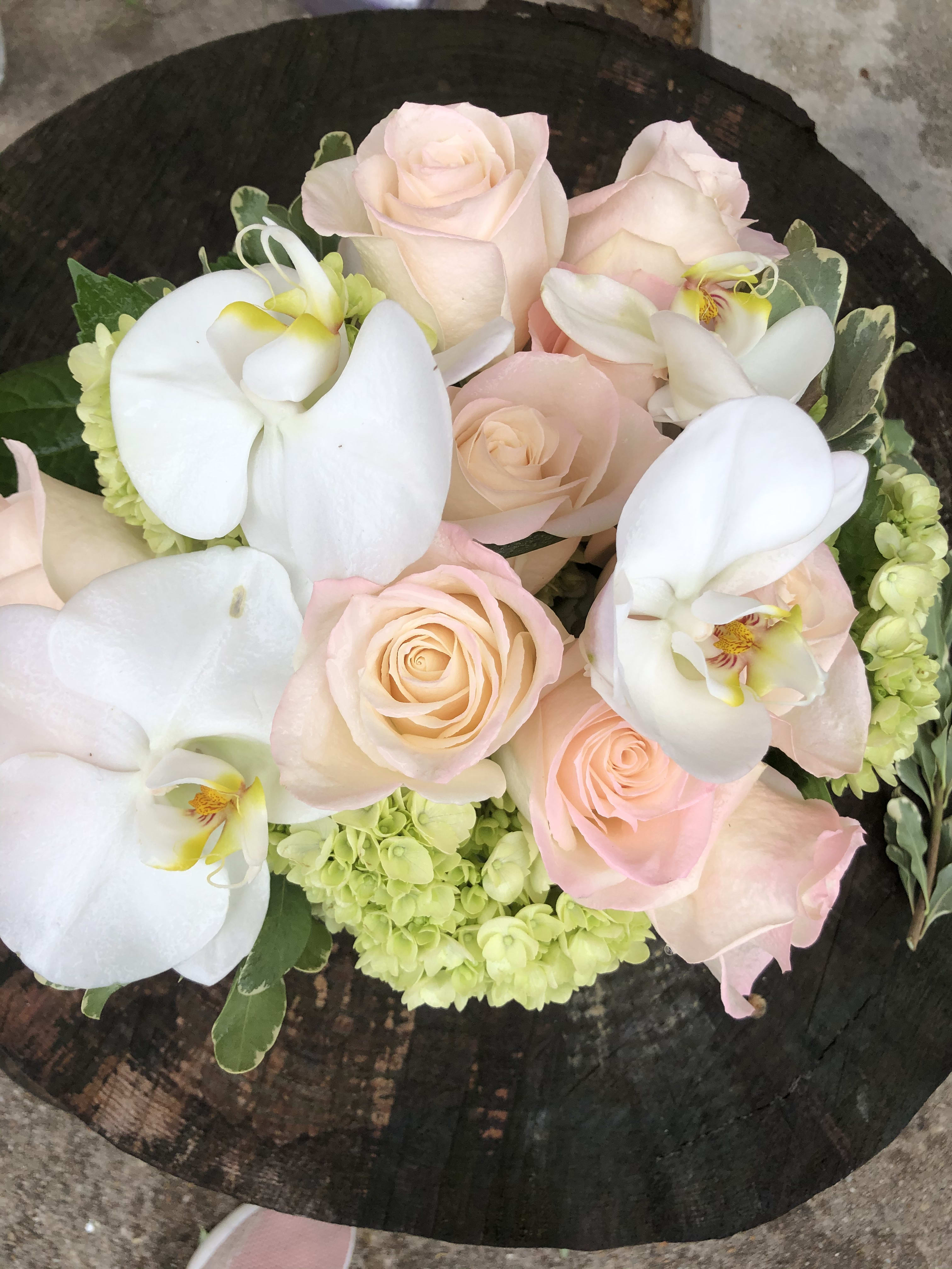 Better Together - A Custom Design by Wonderland Flowers ™️ - Half a dozen (Standard) beautiful light pink colored Ecuadorian roses, hydrangea, and orchids show such a way of beauty, they’re sure to love this arrangement. .  