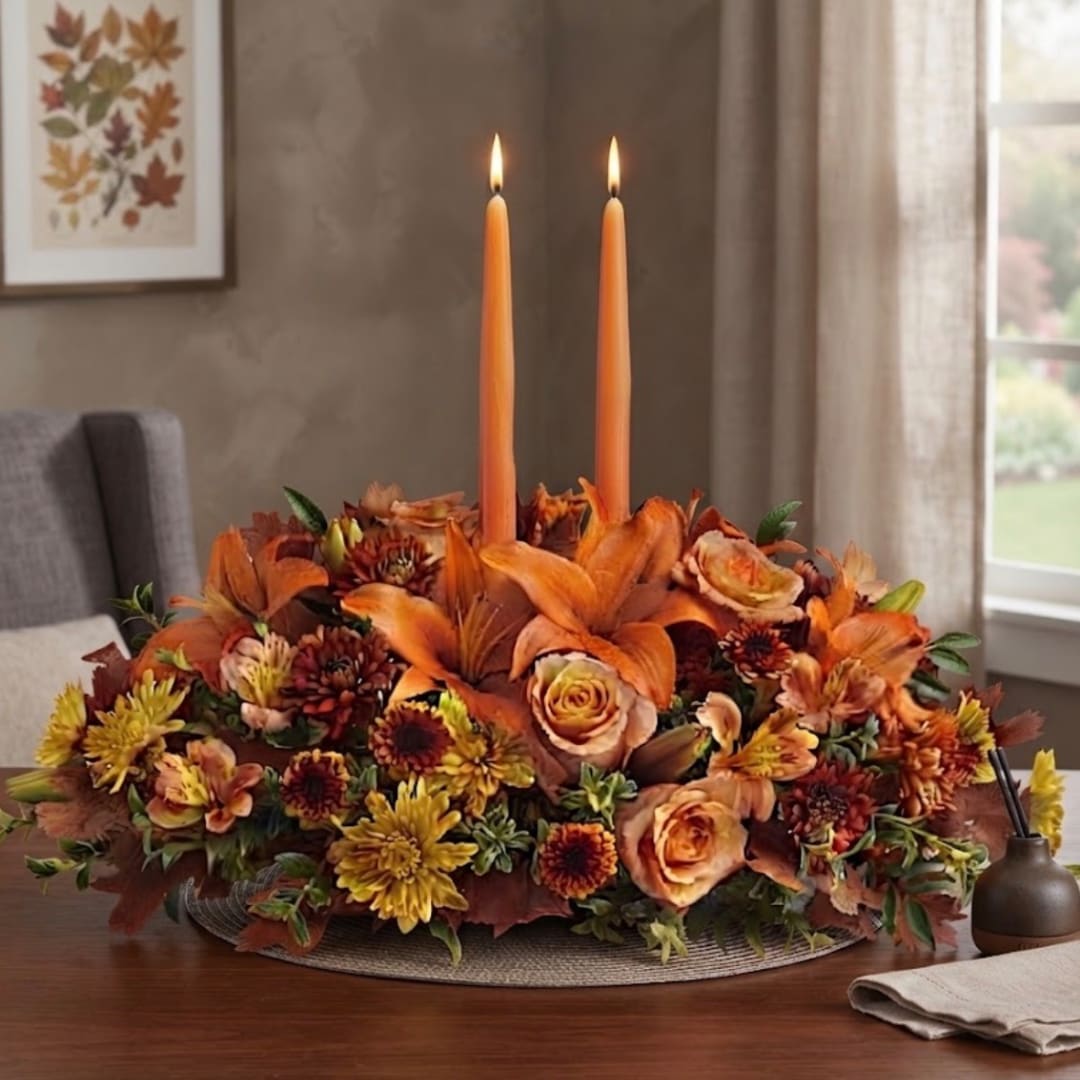 Orange floral centerpiece with two tall taper candles