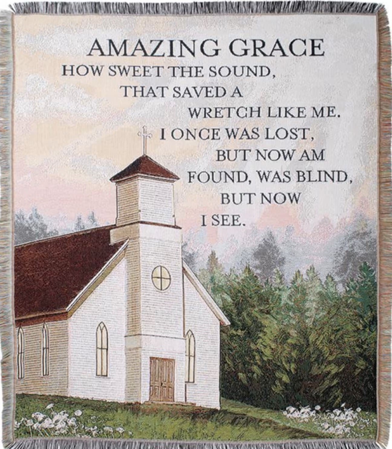 Amazing Grace Tapestry Throw  - Honor a loved one with our Amazing Grace Memorial Throw, featuring the beloved hymn lyrics and a peaceful country church design woven into a beautiful keepsake blanket. This sympathy throw creates a comforting and meaningful display for funeral services, celebrations of life, memorial tables, church services, or remembrance gifts for family members.  The Standard version is delivered folded neatly and tied with a coordinating ribbon, creating a simple yet thoughtful presentation families can keep and cherish long after the service.  Our Deluxe presentation features the Amazing Grace throw displayed on a leased customized display stand with matching ribbon, creating an elegant focal point for visitation services, churches, funeral homes, and memorial gatherings. The display stand is temporary and intended for service use only.  The Premium version includes the memorial throw beautifully displayed on a temporary coordinating stand with a fresh floral spray and ribbon accents for a softer, more elevated tribute presentation. Fresh flowers may vary seasonally while maintaining the overall style and color palette shown.  A beautiful alternative to traditional sympathy gifts, memorial blankets and funeral throws provide lasting comfort while creating a warm and personal tribute during funeral services. Available for local funeral homes, churches, and memorial services through Aspen Tower Florist in Greensburg, Indiana.