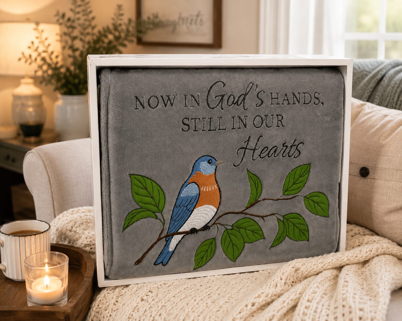 In God’s Hands Embroidered Throw - Offer comfort, faith, and lasting remembrance with our “Now in God’s Hands, Still in Our Hearts” embroidered throw. Featuring a beautiful bluebird perched on a branch and a heartfelt message of love and remembrance, this elegant keepsake is designed to provide comfort during life’s most difficult moments while serving as a treasured reminder of those we hold dear.  Measuring approximately 50” x 60”, this soft and cozy throw is perfect for displaying on a sofa, recliner, bed, or favorite reading chair. Whether given as a sympathy gift, memorial gift, bereavement gift, celebration of life tribute, encouragement gift, or thoughtful expression of support, it offers warmth and comfort long after flowers have faded.  Each throw arrives beautifully gift boxed and finished with a coordinating decorative bow, creating a thoughtful presentation that is ready to give. The timeless bluebird design and meaningful sentiment make this throw a cherished keepsake for honoring the memory of a parent, grandparent, spouse, sibling, child, friend, or loved one.  A beautiful expression of faith, love, comfort, and remembrance, this embroidered throw is a meaningful gift for sympathy, memorial occasions, funerals, celebrations of life, or simply letting someone know they are in your thoughts and prayers. The comforting message and classic design create a lasting keepsake that will be treasured for years to come.