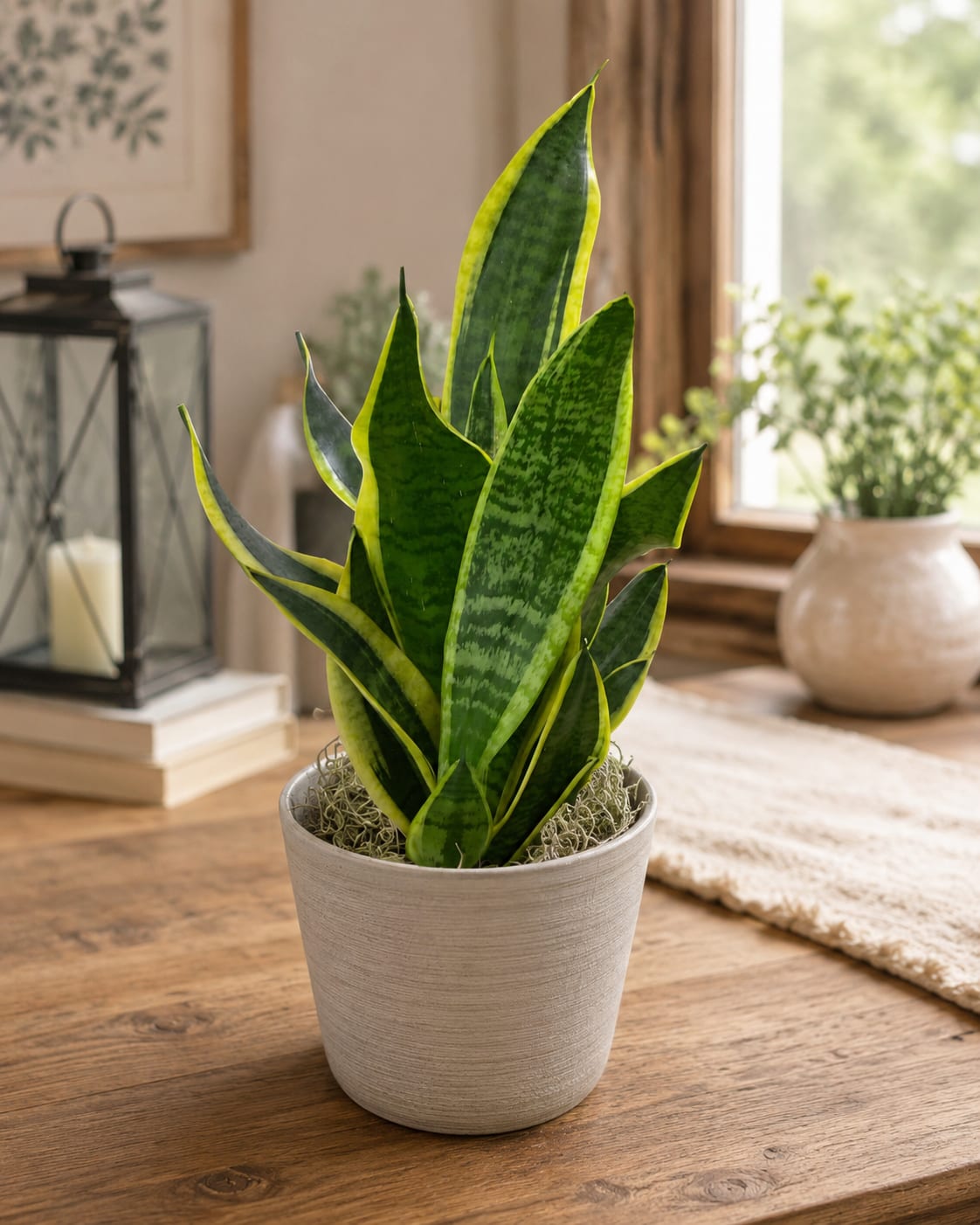 Emerald Sentinel Snake Plant - Dracaena trifasciata, commonly known as Snake Plant or Mother-in-Law’s Tongue, is a durable, low-maintenance houseplant prized for its striking upright foliage and air-purifying qualities. Its architectural form, rich green leaves, and distinctive variegation make it a popular choice for homes, offices, apartments, dorm rooms, waiting areas, and gift giving.  Known for its ability to tolerate a wide range of conditions, Snake Plant is an excellent option for both experienced plant enthusiasts and beginners. It performs well in bright indirect light but can also adapt to lower-light environments, making it one of the most versatile indoor plants available. Its upright growth habit allows it to fit beautifully on desks, tabletops, shelves, counters, and entryways without requiring significant space.  This plant is presented in a decorative container, though containers may vary based on availability and season. The original plant is grown in a 6-inch nursery pot. Variations in container style, color, and finish may occur, but the overall value and presentation will be maintained.  A lasting gift for birthdays, housewarmings, thank you gifts, encouragement, get well wishes, office décor, and everyday occasions, the Snake Plant combines beauty, simplicity, and long-lasting enjoyment in one timeless package.