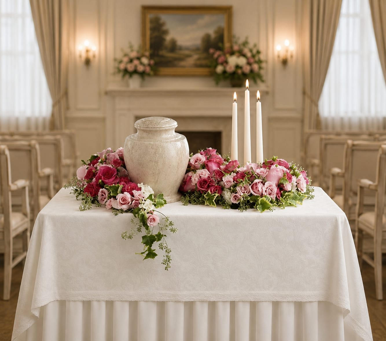Sacred Solace Urn Arrangment - Sacred Solace is a graceful cremation tribute designed to surround and complement a cremation urn, creating a beautiful focal point for memorial services, visitations, celebrations of life, and family remembrance. Thoughtfully arranged with soft, comforting blooms and lush greenery, this design offers a meaningful expression of love, peace, and lasting remembrance while honoring a cherished life.  Created to frame an urn rather than contain it, Sacred Solace allows families to incorporate their loved one’s urn into an elegant floral display. The flowing, garden-inspired design provides visual balance and a sense of warmth, making it suitable for memorial tables, funeral chapels, churches, visitation services, and celebration of life gatherings. Its soft, comforting style creates a peaceful atmosphere while serving as a beautiful tribute to a life well lived.  Appropriate for honoring a parent, grandparent, spouse, sibling, child, relative, friend, or loved one, Sacred Solace is designed to bring comfort and beauty during a difficult time. Flower varieties may vary based on seasonal availability, but the overall color palette, style, value, and appearance will be maintained.  Available for delivery to Todd Funeral Centre &amp; Crematory, Gilliland-Howe Funeral Home, Porter-Oliger-Pearson Funeral Home, Freeman Family Funeral Homes, Meyers Funeral Home, area churches, cemeteries, and other memorial venues throughout Southeast Indiana.