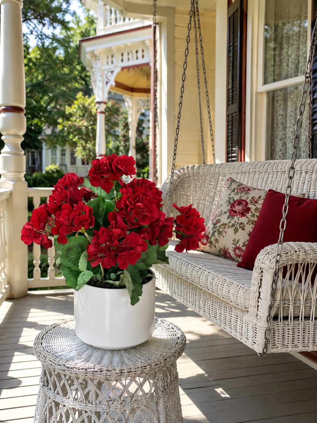 Front Porch Silk Geranium - Front Porch captures the simple charm of classic porch-side living with realistic red silk geranium blooms arranged in a clean white container. Inspired by sunny afternoons, rocking chairs, and welcoming entryways, this timeless design brings a cheerful pop of color to any room.  The rich red blossoms and lush green foliage create the look of a healthy geranium plant in full bloom without the watering, pruning, or seasonal upkeep required by live plants. Designed with realistic botanical details, Front Porch offers lasting beauty that can be enjoyed year-round.  Its classic color combination complements farmhouse, cottage, traditional, country, and transitional decorating styles. Perfect for entry tables, kitchen counters, sunrooms, offices, covered porches, shelves, and seasonal decorating, this silk design adds warmth and welcoming charm wherever it is displayed.  The compact size makes it easy to showcase alone or incorporate into larger decorating arrangements. Front Porch also makes a thoughtful housewarming, hostess, birthday, retirement, or just-because gift for anyone who loves the timeless appeal of blooming geraniums.  Flowers, foliage, and containers may vary slightly based on availability while maintaining the overall style, color palette, and character of the design. Front Porch is a classic silk arrangement that celebrates the comfort, beauty, and welcoming spirit of home.