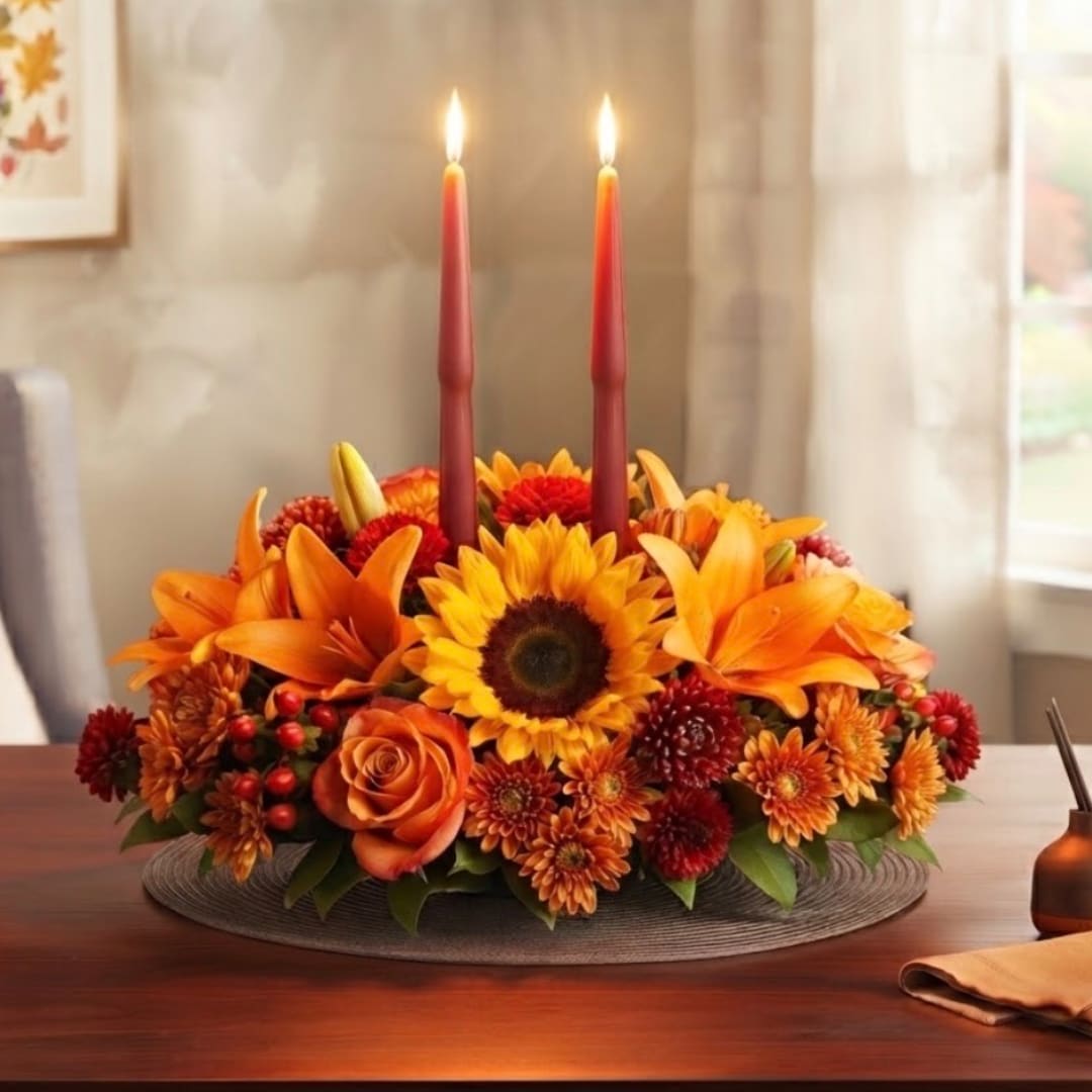 Orange floral centerpiece with two lit taper candles on a table