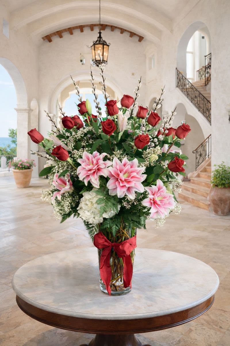 Tall vase arrangement with red roses and pink lilies
