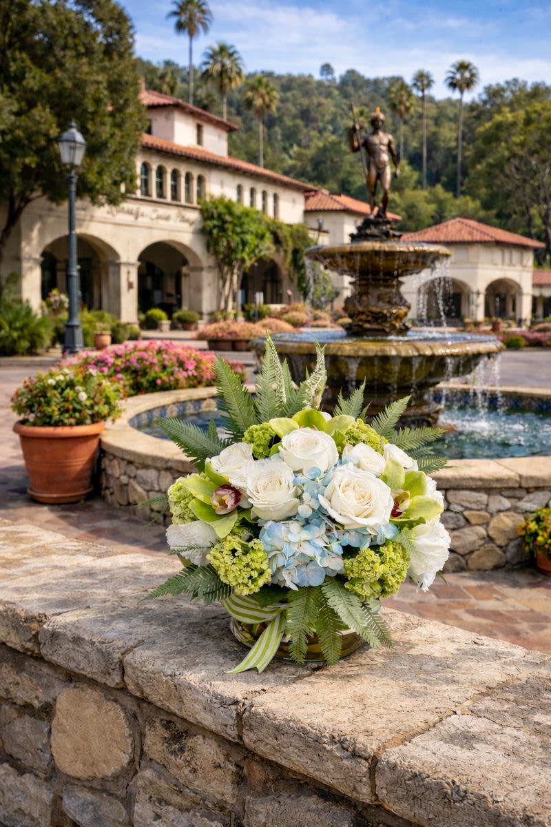 White rose bouquet with blue hydrangeas and green orchids in a striped ribbon wrap