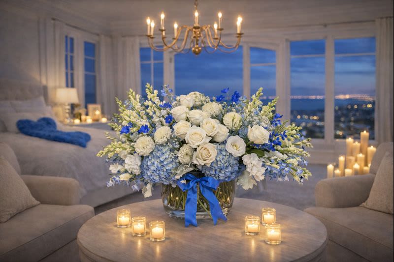 Large white and blue floral arrangement in a glass vase on a table