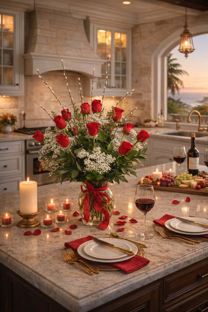 Red roses in a glass vase on a candlelit dining table