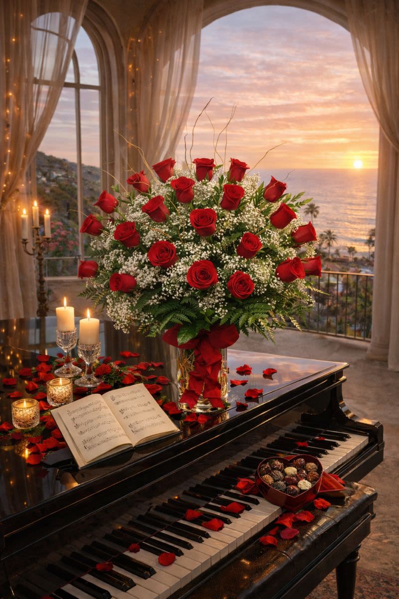 Large bouquet of red roses in a glass vase on a piano with candles and rose petals.