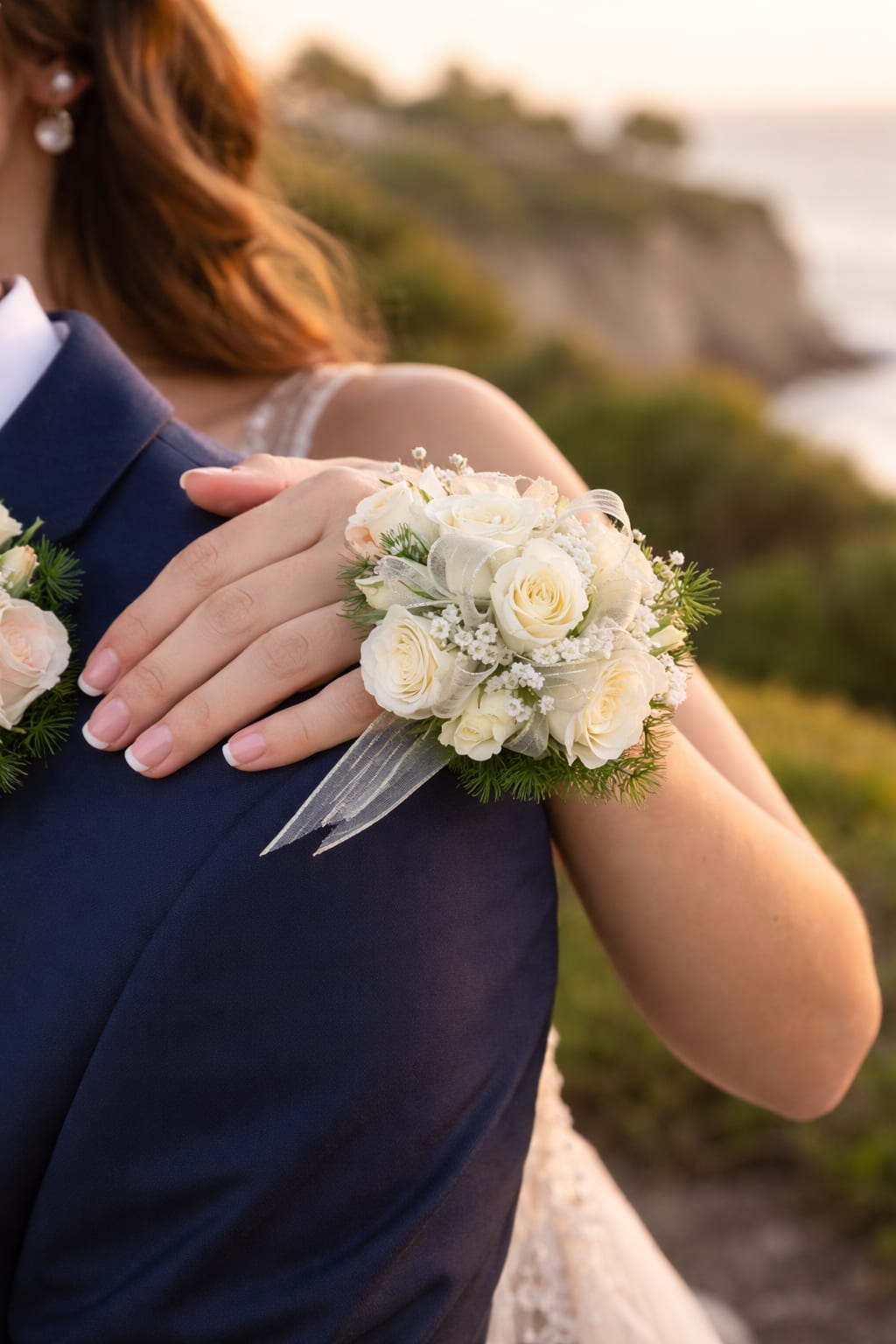 Bride and groom holding white rose corsages