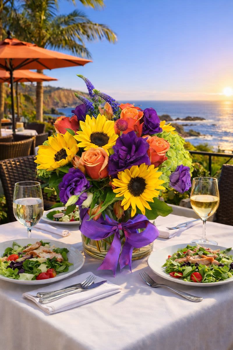 Bright mixed bouquet with sunflowers and roses in a glass vase on a table