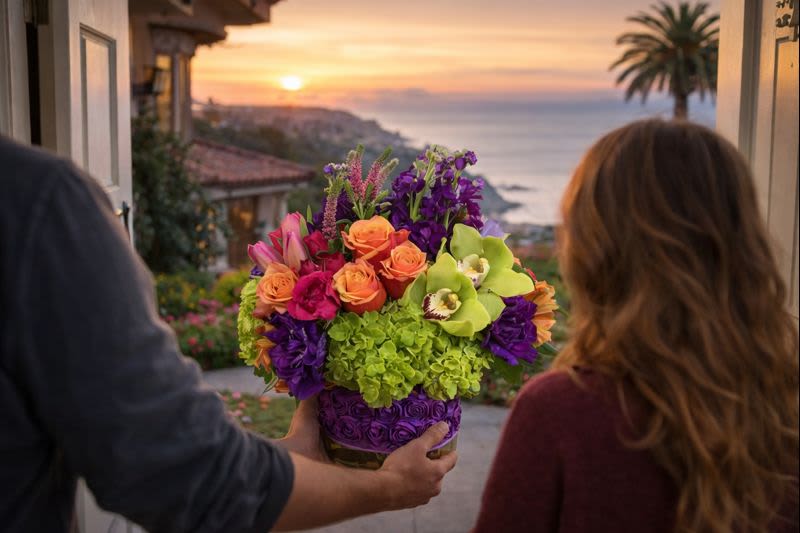 Colorful mixed bouquet in a vase held at a doorway overlooking the ocean