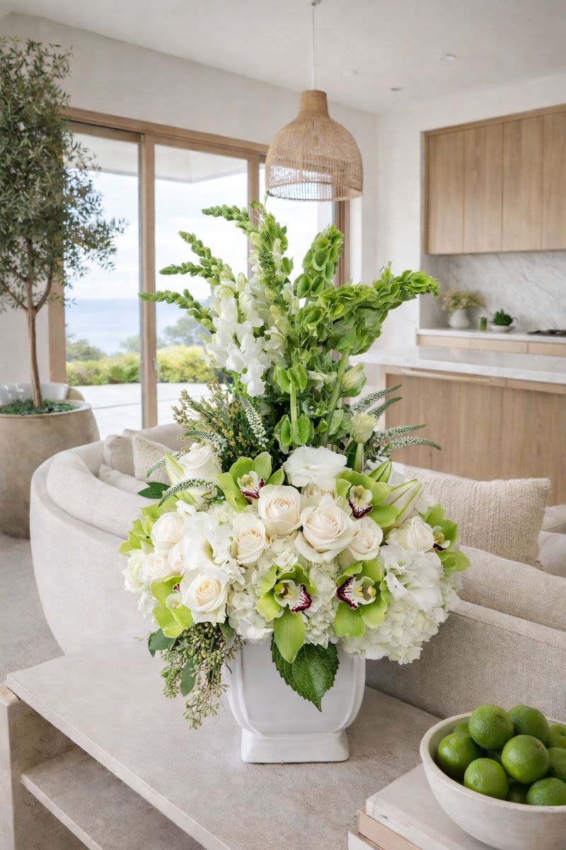 White and green floral arrangement in a white vase on a table
