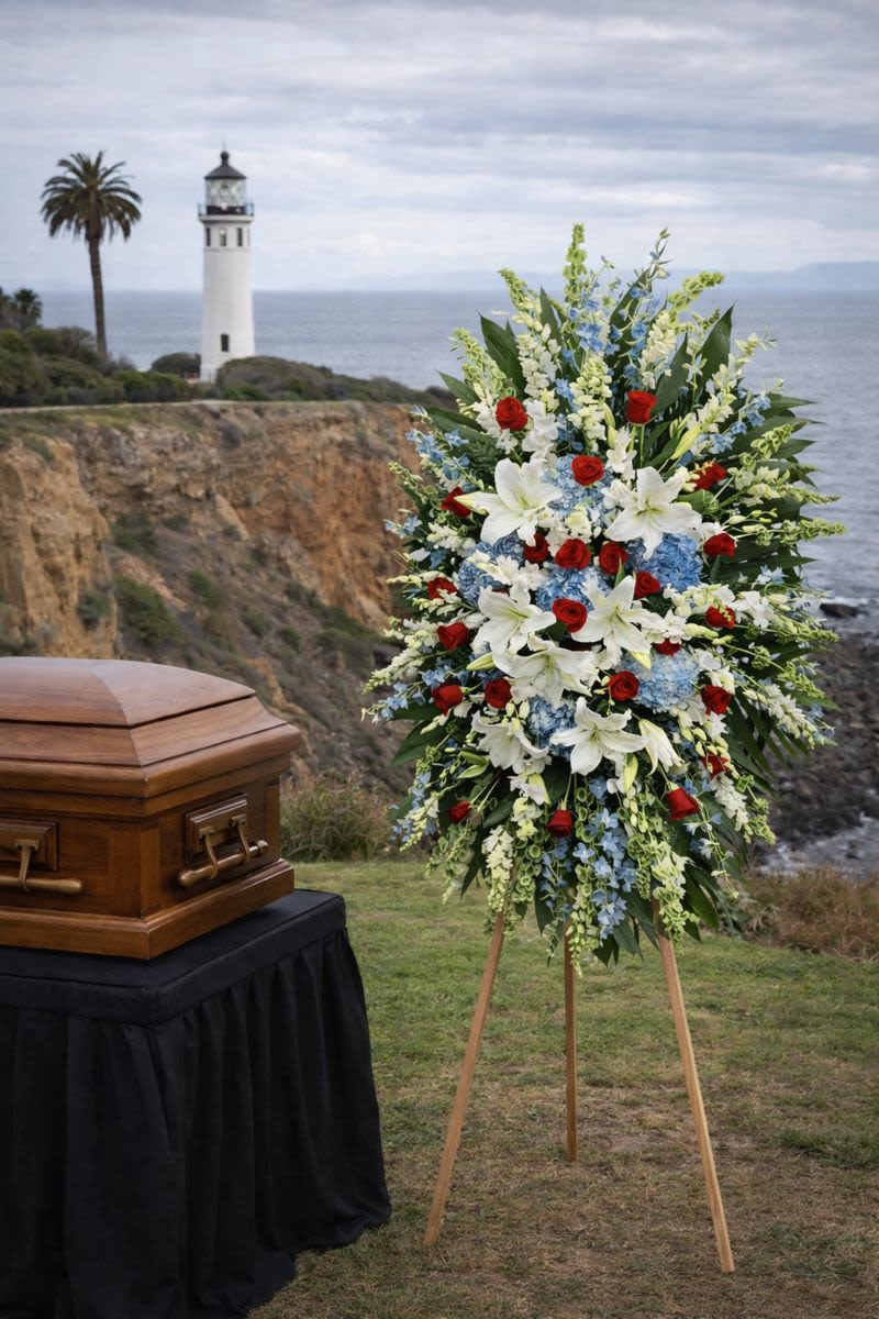 Standing funeral spray with white lilies, red roses, and blue flowers beside a casket