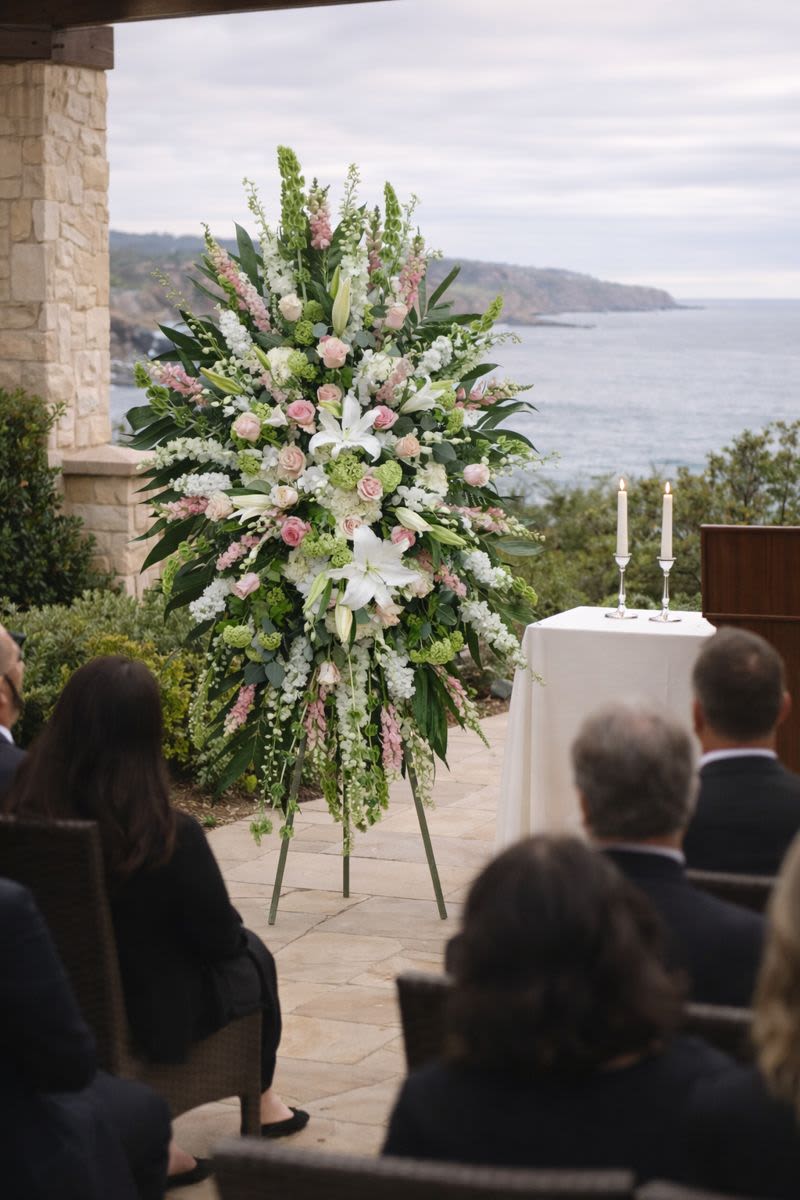 Tall wedding floral arrangement with pink and white flowers on an easel