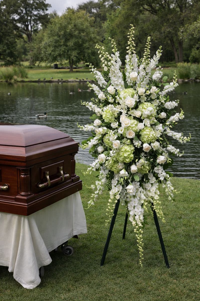 White funeral spray beside a casket outdoors by a lake