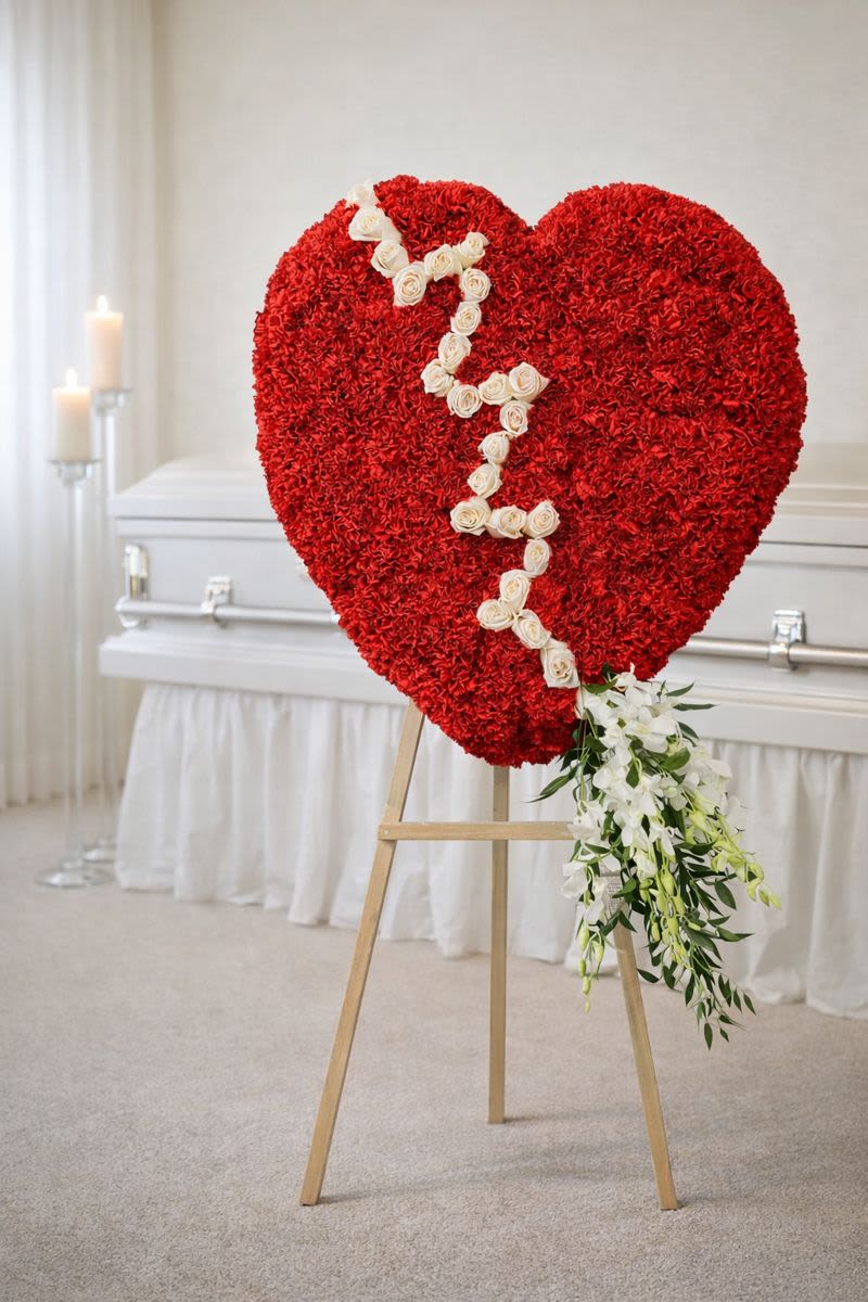 Heart-shaped red floral tribute on an easel with white roses and trailing white flowers