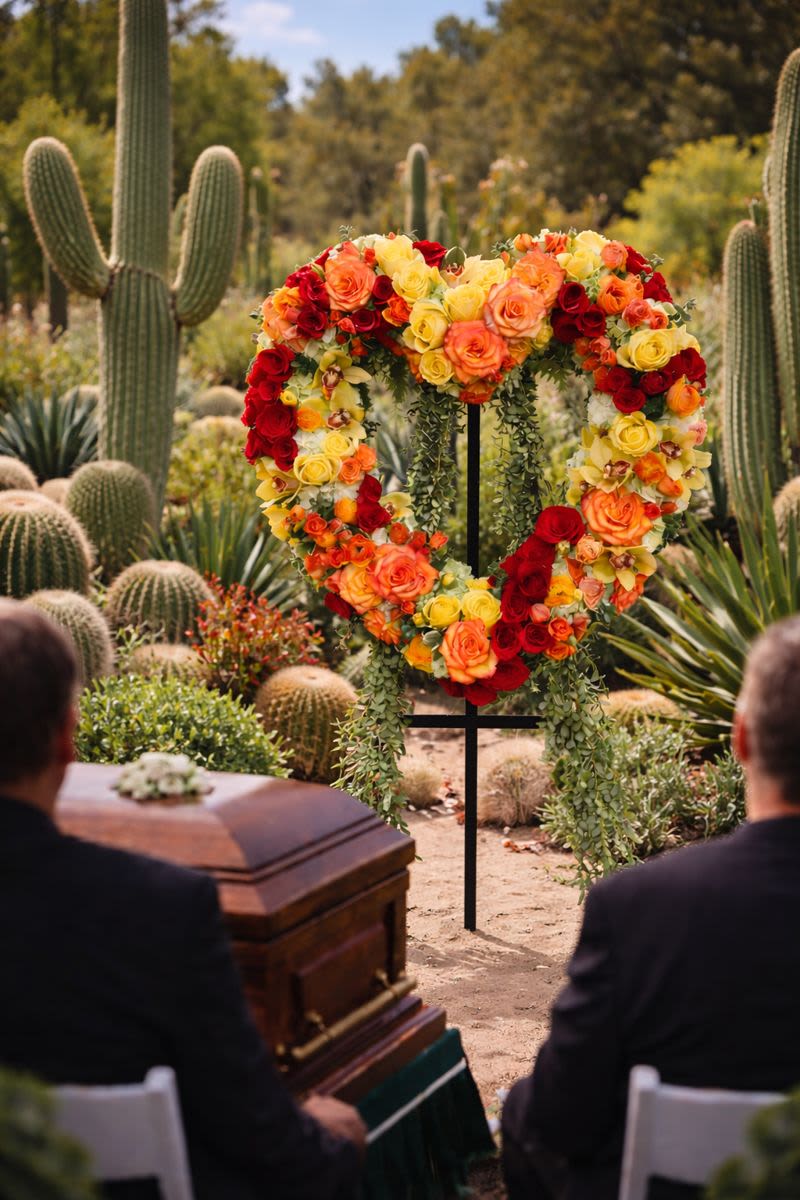 Heart-shaped floral wreath with red, orange, and yellow roses at an outdoor funeral