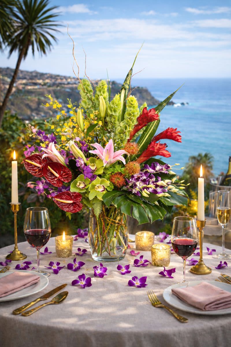 Tropical floral centerpiece in a glass vase on a candlelit table