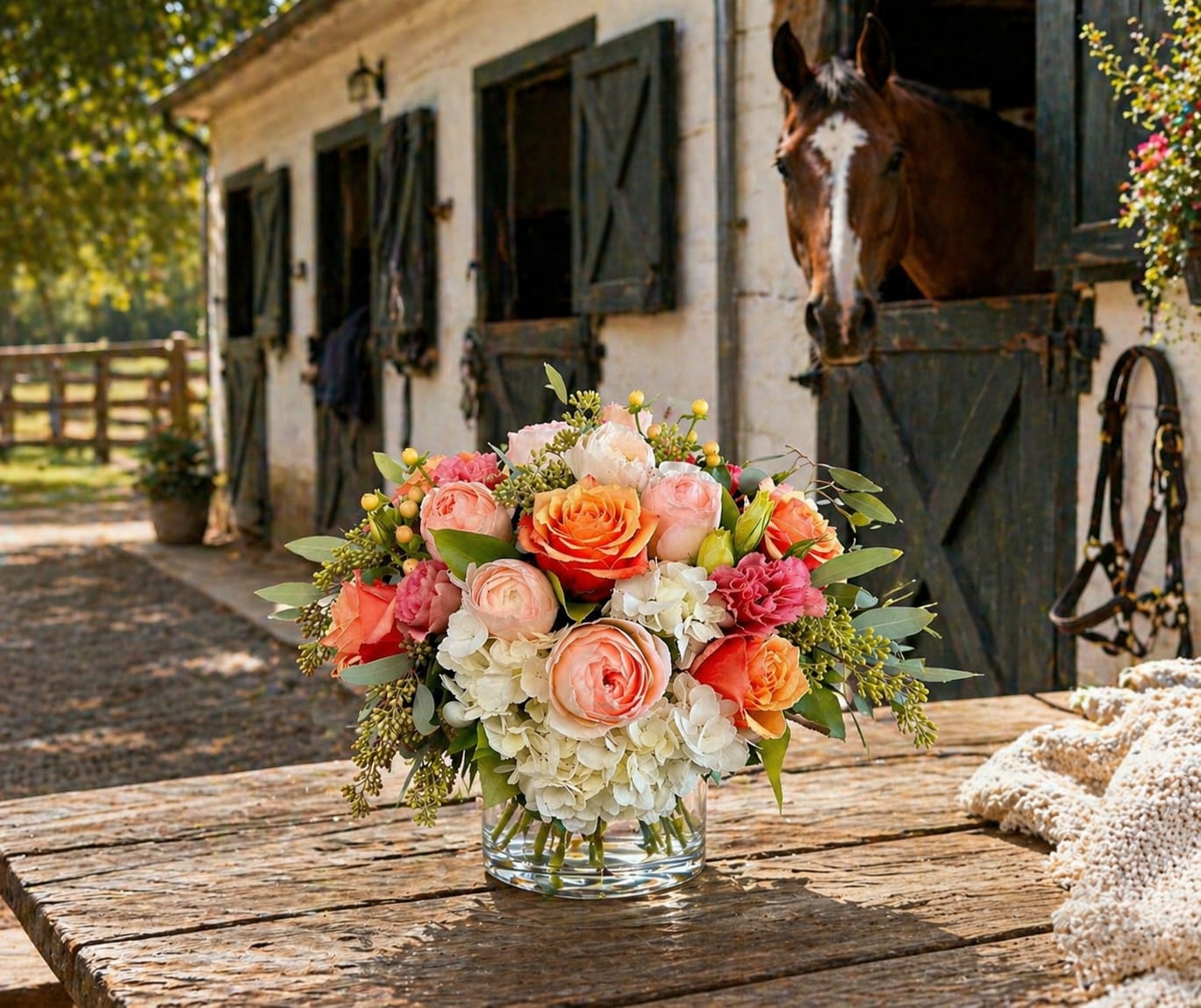 Shimmer - This beautiful arrangement shimmers under the sunlight for truly romantic ambiance. Included in this design are Roses, Garden Roses, Hydrangea, Lisianthius, Ranunculus, Coffee berry, and seeded Eucalyptus. Vase included is a 6inx6in glass cylinder