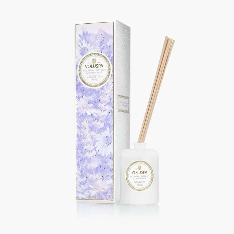Voluspa Mountain Lavender &amp; Chamomile Reed Diffuser - Voluspa’s fragrant diffuser oil is housed in glass for a subtle pop of elegant decor. Create your homes signature, always-on fragrance in spaces requiring minimal effort, and enjoy for 4-6 months. Includes high absorbency reeds for powerful fragrance without overwhelming. Our products are free of phthalates, parabens, and sulfates and are never tested on animals.