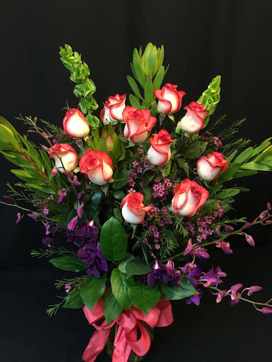 Dozen roses plus orchids - Long stem dozen plus big sprays of dendrobium orchids to complement your rose color.