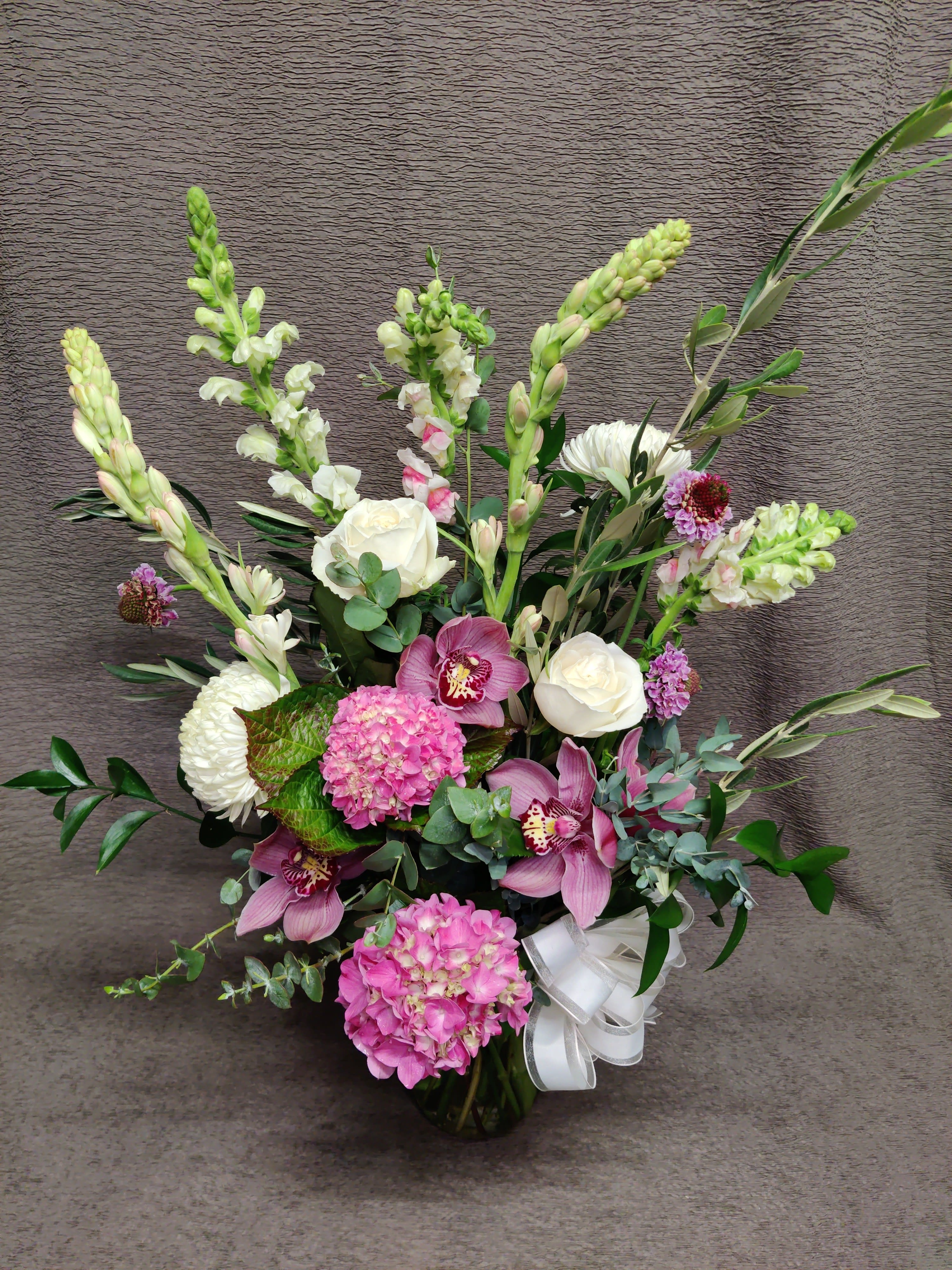 Timeless Pink Bouquet - Sweet pinks and whites to remember your loved one. Very tall and whimsical. Assortment will vary. 