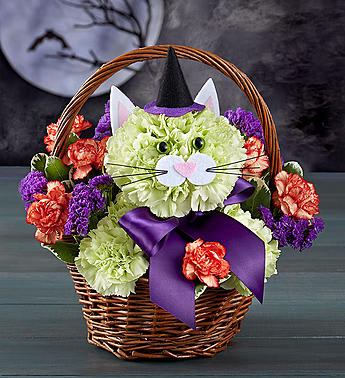 Cat-shaped floral basket with a witch hat and purple bow