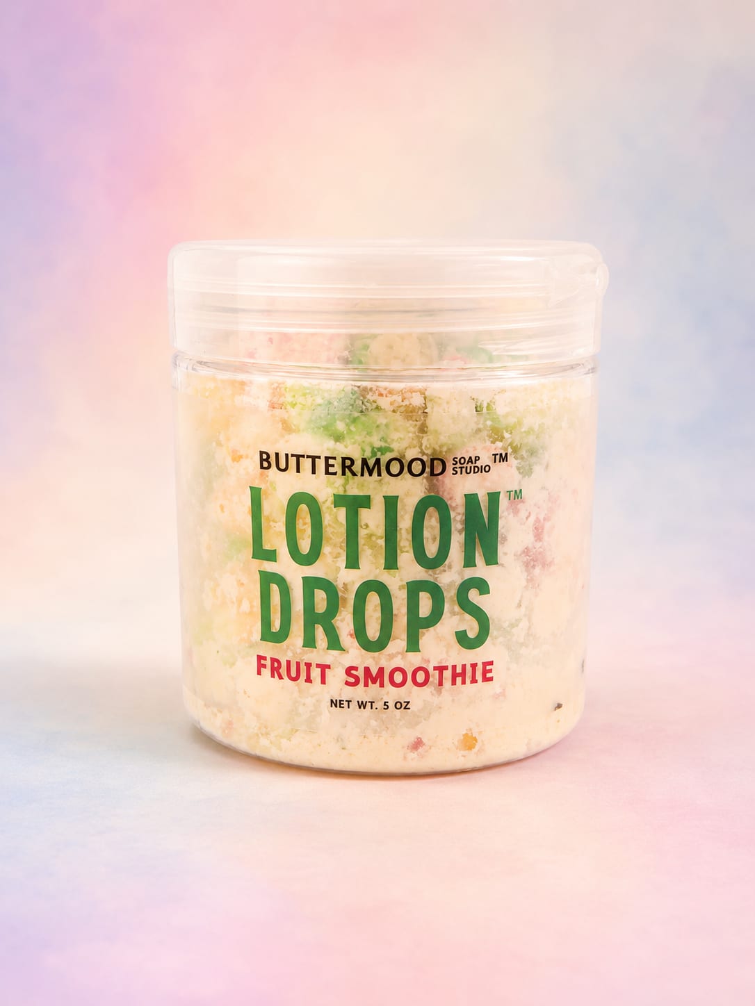 Jar of lotion drops with fruit smoothie label