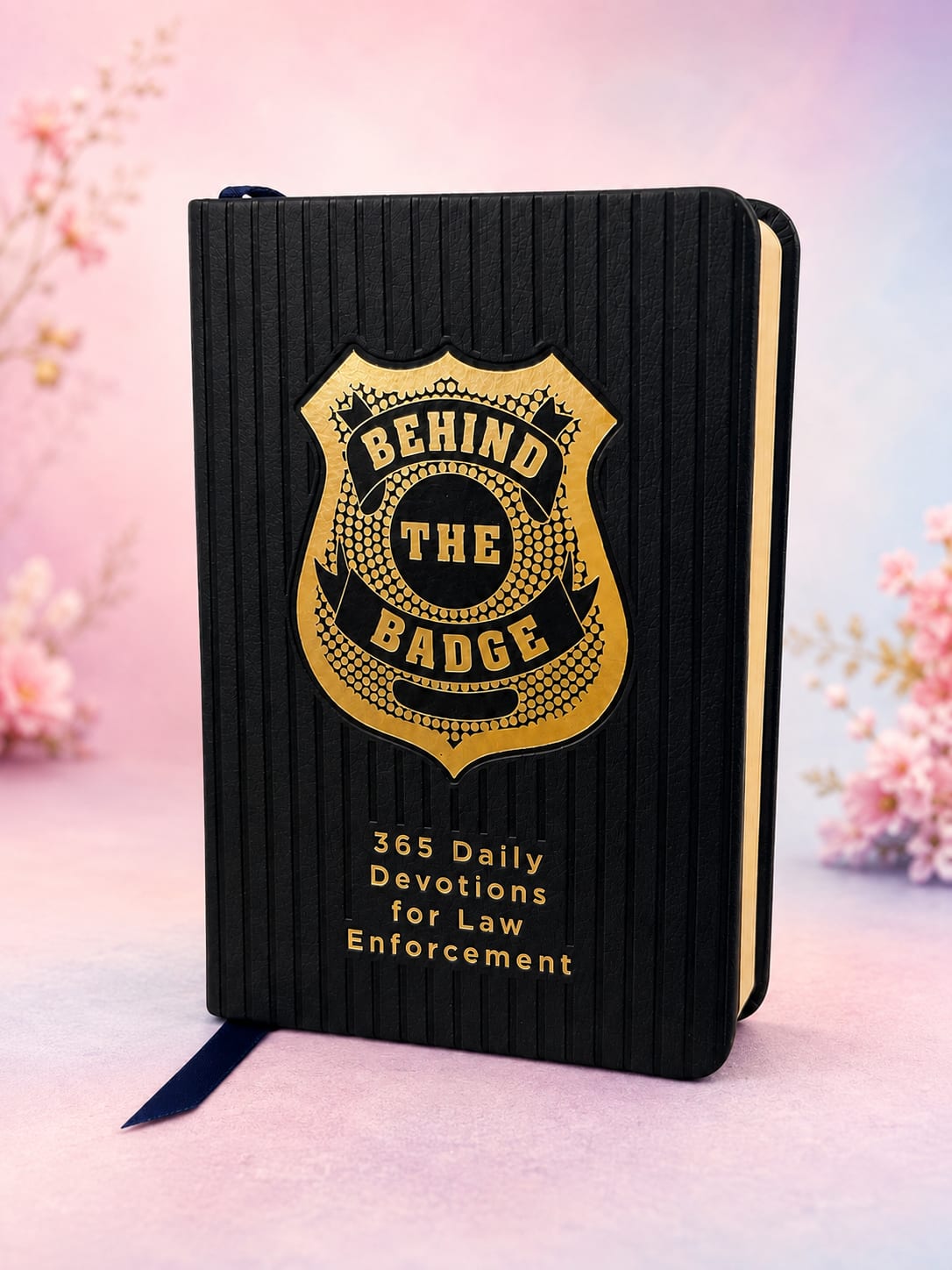 Black devotional book with gold badge emblem on a pink floral background.