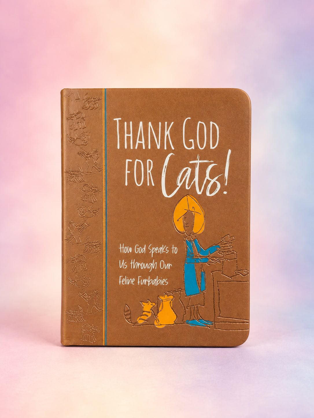 Brown book with the text "Thank God for Cats!" on the cover
