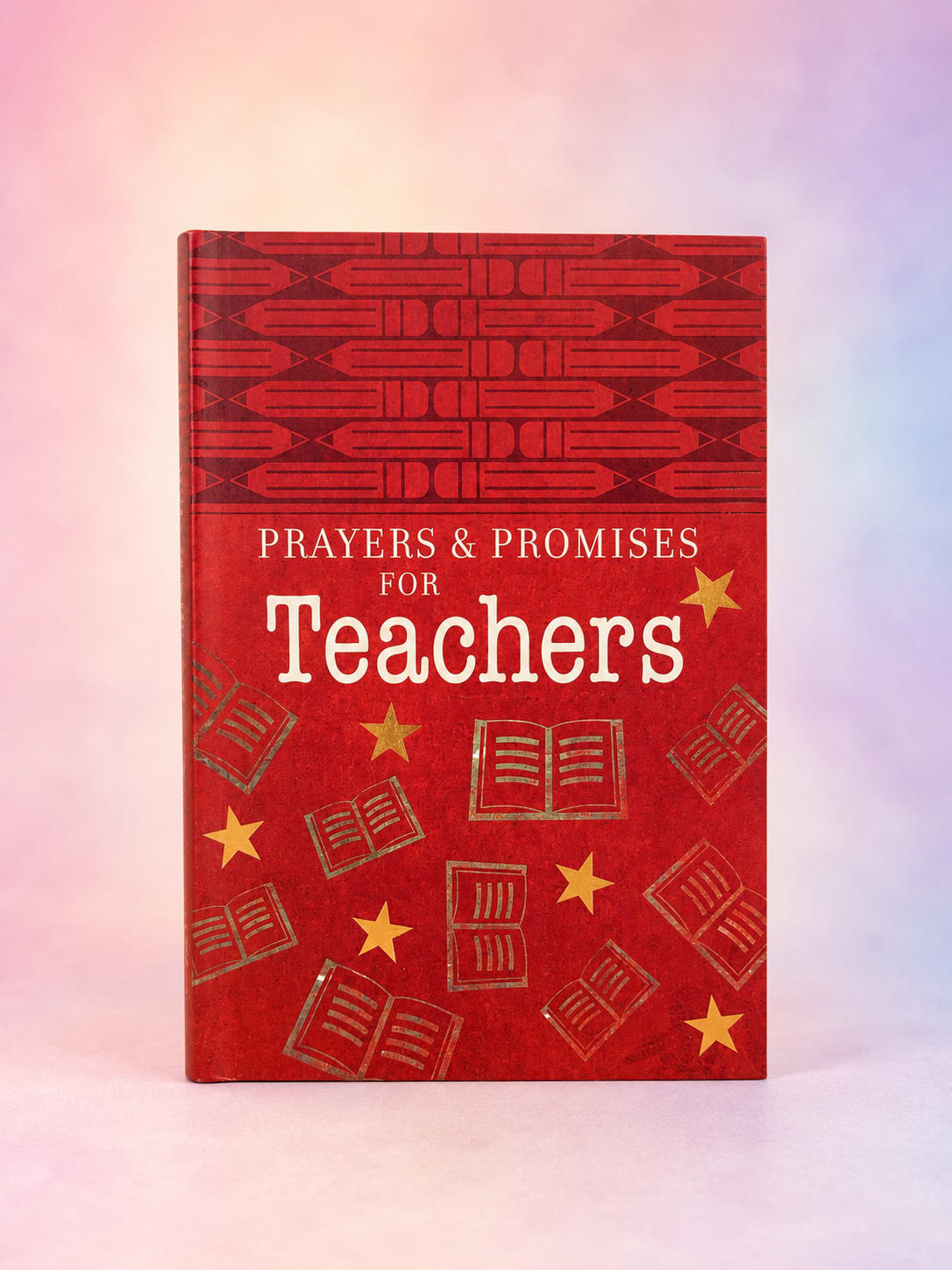 Red book titled "Prayers &amp; Promises for Teachers"