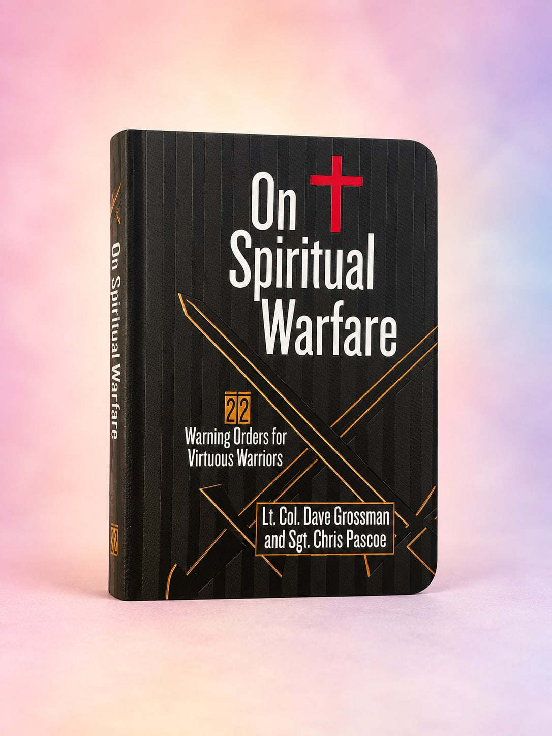 Black book titled "On Spiritual Warfare" against a pink and purple background.