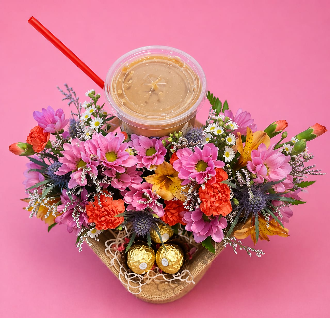 Sip, Sweets, &amp; Stems - Sip, Sweets &amp; Stems is the ultimate pick-me-up gift, combining fresh blooms, sweet treats, and their favorite drink all in one unforgettable surprise. This vibrant arrangement features cheerful pink daisies, bright carnations, delicate accent florals, and lush greenery styled around indulgent chocolates — topped with a refreshing iced drink to complete the bundle.  Perfect for birthdays, thank-you gifts, teacher appreciation, finals week, or just because, this design is made to brighten their whole day.   Customization Available: Add the recipient’s favorite drink from their go-to spot — whether it’s 7 Brew, Starbucks, Sonic, a local coffee shop, or anywhere they love. Just let us know the drink and location when ordering, and we’ll make it personal!  Because flowers are sweet… but flowers + their favorite drink? Even better.