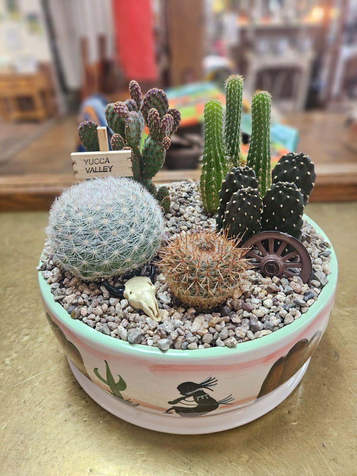 Hand-Painted Southwest Garden (Large) - 7-8 assorted cacti in a 8" ceramic container (pots come in assorted colors we will choose color upon availability) **signs vary to say Joshua Tree, Yucca Valley or Cactus Territory. If you have a preference, please specify**