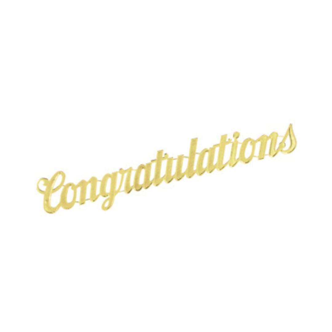 Gold script reading congratulations on a white background