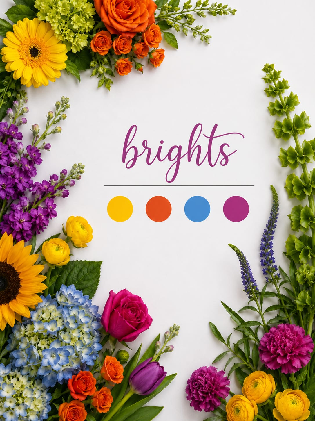 Bright mixed flowers framing the word "brights" on a white background