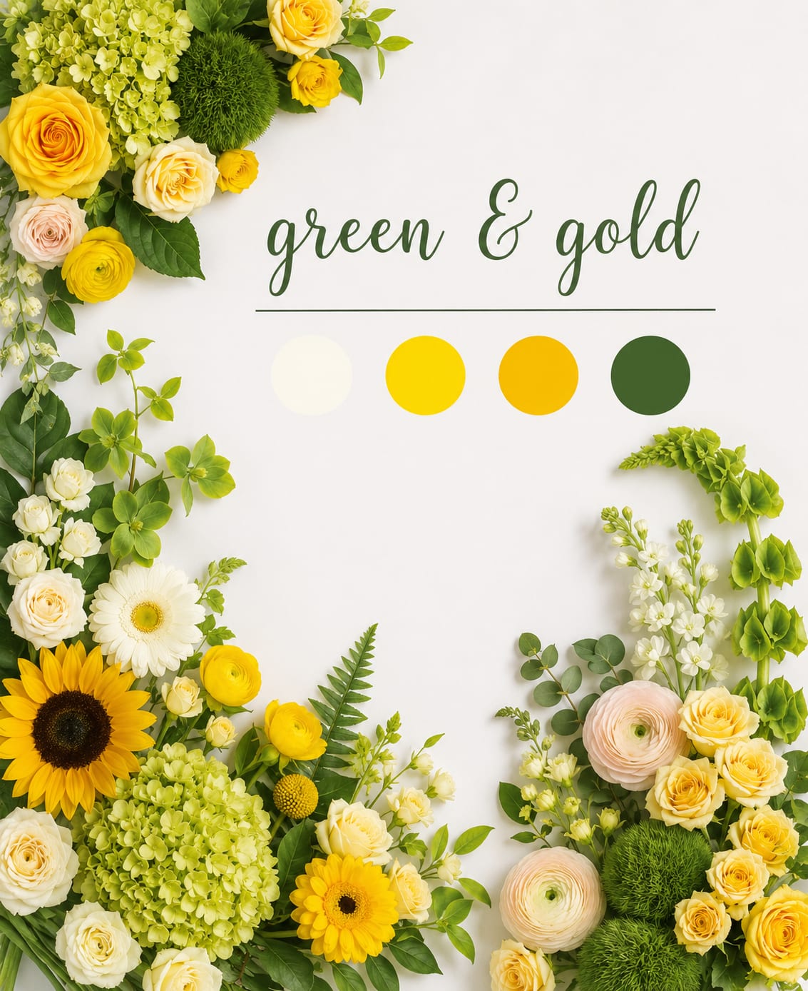 Yellow and white floral arrangement with green accents and a sunflower border