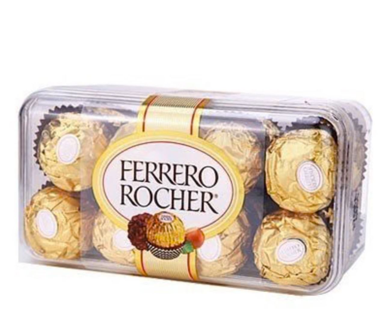 Ferrero Rocher chocolates in a clear plastic gift box