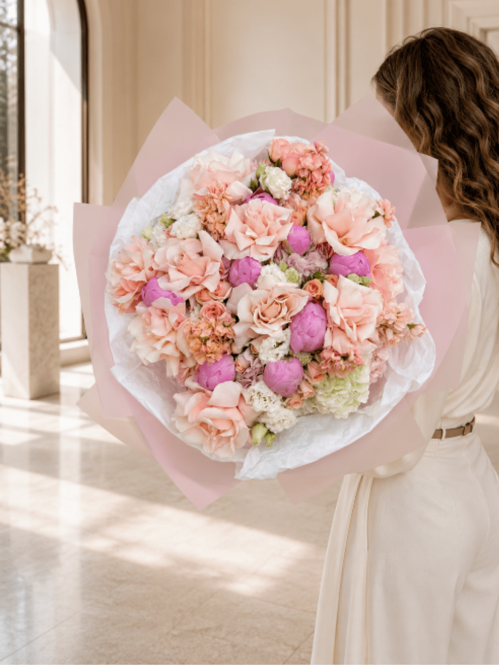 Blush Étoile - A breathtaking composition of premium blush garden roses, delicate peonies, hydrangeas, lisianthus, spray roses, and seasonal blooms, thoughtfully handcrafted in an exquisite palette of soft blush, champagne, ivory, and lavender pink.  Designed with graceful movement and lush, cloud-like volume, Blush Étoile embodies understated luxury and effortless sophistication. Every stem is carefully selected for its exceptional quality, creating a bouquet that feels both refined and unforgettable.  Wrapped in deFLORA’s signature luxury packaging, this arrangement is perfect for celebrating life’s most meaningful moments—from birthdays and anniversaries to heartfelt gestures that deserve something truly extraordinary.  Includes  * Premium Garden Roses * Peonies (seasonal) * Hydrangeas * Lisianthus * Spray Roses * Premium Seasonal Flowers * Signature deFLORA Luxury Wrap  Perfect For  * Luxury gifting * Birthdays * Anniversaries * Congratulations * Bridal celebrations * Elegant home décor  Every deFLORA bouquet is handcrafted by our designers using the freshest premium flowers available. While slight seasonal substitutions may occur, we always preserve the bouquet’s luxurious style, color palette, and overall aesthetic.