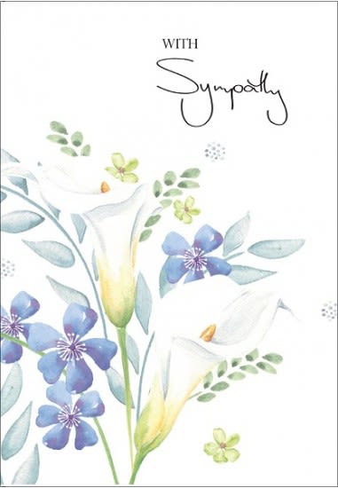 Sympathy card with watercolor calla lilies and blue flowers