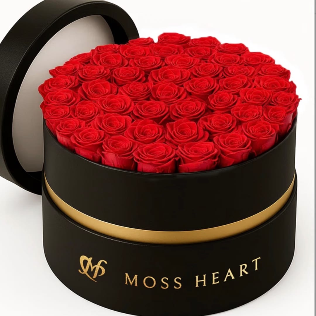 Round black box filled with red roses and a gold band