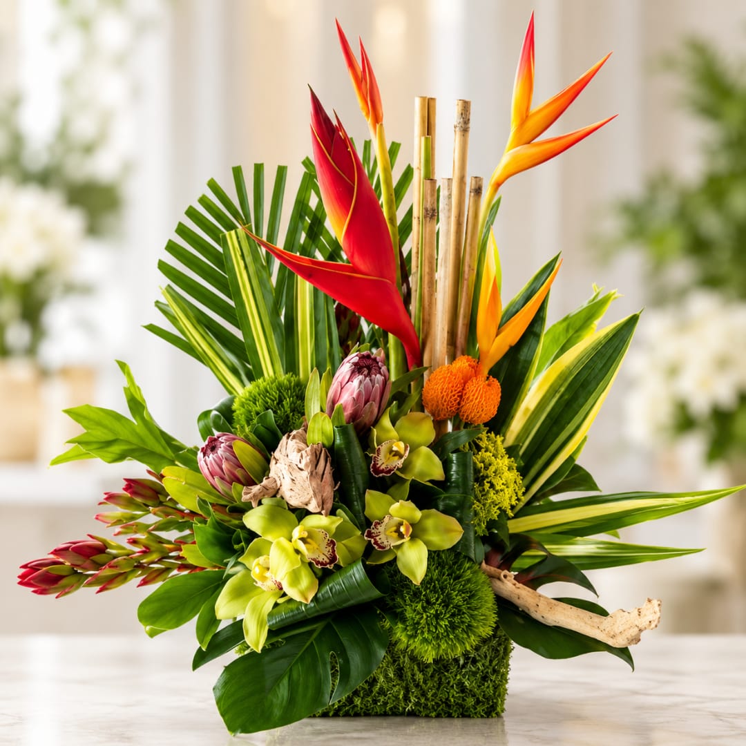 Tropical floral arrangement with red and orange bird-of-paradise and green orchids