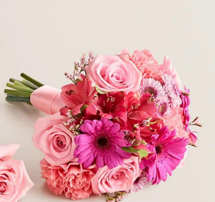 Pink bouquet with roses, gerbera daisies, and carnations