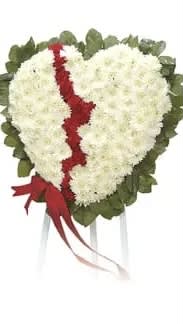 Broken Heart Standing Spray - Our Broken Heart Standing Spray includes a display white flowers in a heart shape broken by a line of red carnations is a popular choice to convey a symbol of love for the deceased. The trail of red carnations on a white heart smbolizes a broken heart from the loss of a loved one.  Includes a green wire easel to blend into the background. Approximately 48" tall x 25" wide