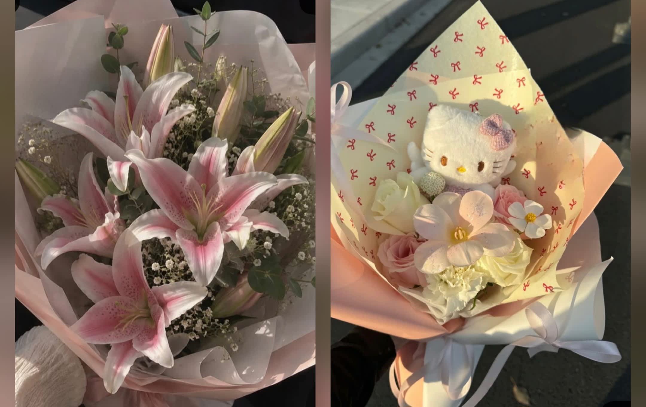 Two pastel bouquets, one with pink lilies and one with a Hello Kitty plush