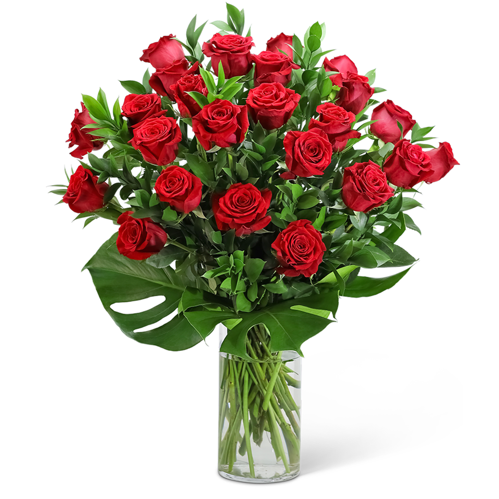 Red Roses with Modern Foliage (24) - Red roses have always been the symbol of love and romance, and continue to be the best way to send your love. Red Roses with Modern Greens takes the old classic to the next level. Two dozen red roses, along with modern greens and a monstera leaf, are sure to make a bold statement of love for your special someone. Say I love you with this perfectly romantic anniversary gift. 